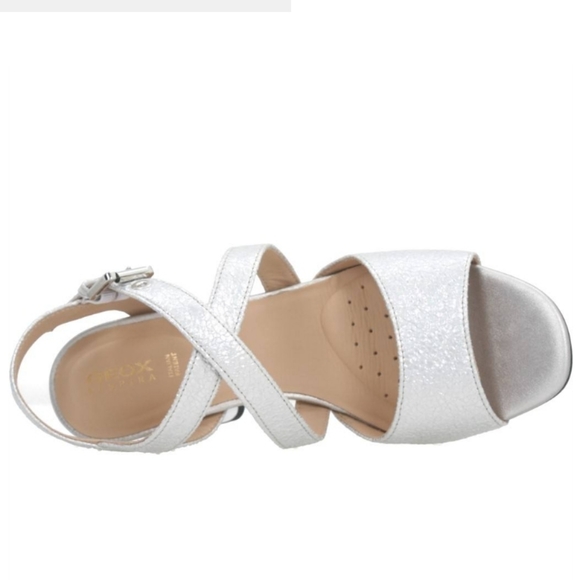 Geox Metallic Silver Rhinestone Jeweled Block Ankle Strap Heels NWT - Picture 10 of 16